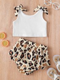 Baby Leopard Bow Shoulder Crop Tank Top & Ruffle Trim Shorts SHE