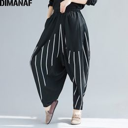 DIMANAF Oversize Women Pants Vintage Trousers Pantalones Cotton Spliced Striped Black Female Harem Pants Loose Plus Size Spring 201109