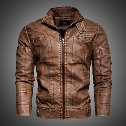 Leather Jacket Stand Collar Men Jackets Autumn Winter Zipper UP Fur Lined Motorcycle Jacket Fashion Tops Coat Vintage Coat Men 201120