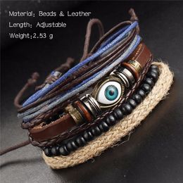 Charms Bracelets Ethnic Black Punk Wrap Multilayer Leather Braccelet Feather Evil Eye Adjustable Charm Bracelet