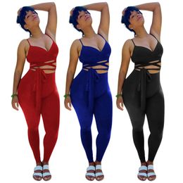 Wholesale Summer Clothes Women Tracksuits Tank Top+Bandage Pants Two Piece Set Sexy V Neck Vest Leggings Matching Sets Outfits Bulk 6964