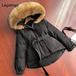 Lagabogy Winter Women Coat Thick Warm Large Real Fur 90% White Duck Down Parka Female Hooded Puffer Jacket With Belt 211221