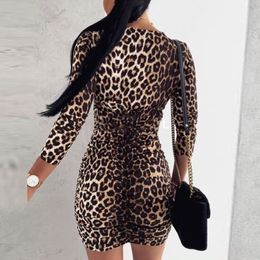 Vestidos Lady Sexy V Neck Long Sleeve Mini Dress Elegant Leopard Print Folds Short Dress Autumn Women Slim Bodycon Party Dresses Y0118