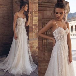 2021 Lace Sequins Wedding Dresses Sexy Spaghetti Straps A-Line Bridal Gowns Custom Made Backless Sweep Train Plus Size Wedding Dress