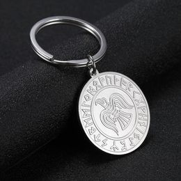 10Pcs/Set Runes Raven Wicca Round Pendant Key Chains Amulet Talisman Stainless Steel Luck Bird Charm Key Ring Holder Keyring Gift