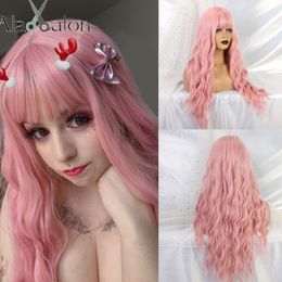 Long Pink Wigs with Bangs Water Wave Heat Resistant Wavy Hair Synthetic Wig for Women African American Lolita Cosplay