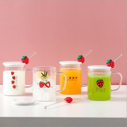 Strawberry straw Mugs transparent glass creative cartoon cup with handle mug cover water cups