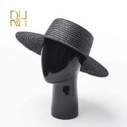 Lady kids Fashion Black Wheat Boater straw hat out Flat top cap Fedora 5 - 7cm 10cm 13cm brim wide Natural Grass Sun bowler hat Y200714