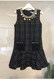 2020 Autumn new women's o-neck sleeveless beading chains patchwork plaid pattern tweed woolen ruffles dress S M L