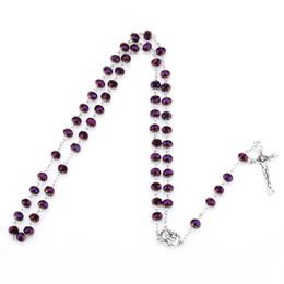 Vintage Virgin Mary Cross Pendant Necklace Purple Glass Crystal Beads Catholic Rosary Necklace Prayer Beaded Religion Jewelry