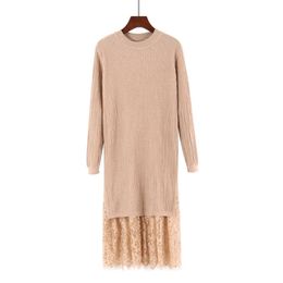 GIGOGOU Lace Stitching Sweater Women Autumn Winter Long Straight Dress Knitted Dresses Maxi Retro Lady Ribbed Robe Pullover Dres 201127