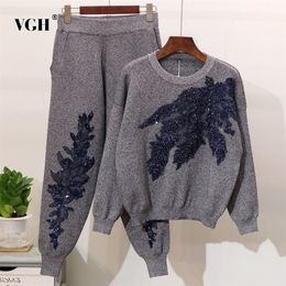 VGH Casual Embroidered Sequin Sets For Women O Neck Long Sleeve Tops High Waist Pants Print Two Piece Set Female Fashion 220315