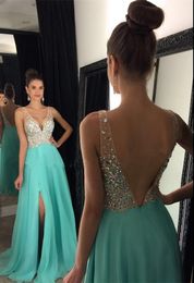 Sexy V Shaped Full Beading and Crystals Bodice A-line Split Floor Length Skirt Ice Blue Chiffon Formal Evening Dress Pageant Masque Gowns