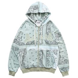 Mens Hip Hop Pullover Hoodies Embroidered Bandana Patchwork Full Zipper Hooded Sweatshirts Jackets Harajuku Casual Tops 201020