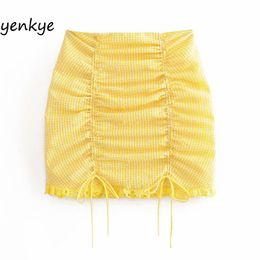 Summer Skirts Womens Yellow Plaid Drawstring Draped High Waist Mini Skirt Sexy LDZZ6105 Y200704