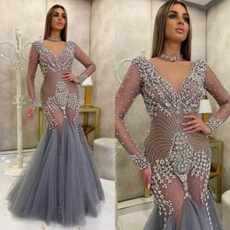 see through crystal evening dresses arabic aso ebi sheer long sleeve tulle prom gowns luxurious party special occasion dress