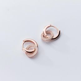 Stud 100% 925 Sterling Silver / Rose Gold Korean Style Round Inlay Crystal Circle Buckle Earrings For Women Lady Girls Jewelry1