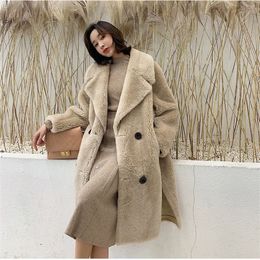 Obrix Winter Straight Female 100% Sheep Wool V-Neck Double Breasted Casual Full Sleeve Streetwear Fashionable Fur Coat For Women 210218