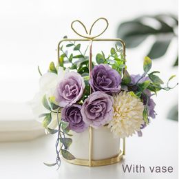 Table Centrepieces artificial flowers with vase home decoration flower Pot set European Style rose Bouquet wedding Potted flower 201127