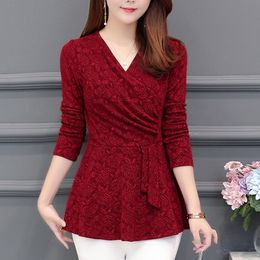 Casual Slim fit New Plushed and Thickened Bottom Women top Long Sleeve Blusa V-neck Purple Red Flowers Blouses Shirt 201J3 201125