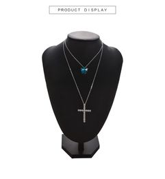 Multilayer Blue Crystal Heart Cross Ocean Jewelry Choker Statement Necklace