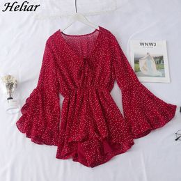 HELIAR Women Sexy V-Neck Playsuit Chiffon Polka-Dot Jumpsuits Rompers Long Sleeve Party Female Loose Falbala Jumpsuits T200509