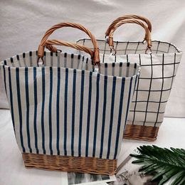 Shopping Bags Rattan Woven Women's Handbag Striped Plaid Canvas Stitching Straw Large Tote Female Shopper Bohemian Summer Beach 220301