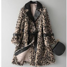 Moda donna inverno risvolto cappotti di lana sintetica calda pelliccia di leopardo cappotto allentato nuova cintura di pelliccia lunga taglie forti S-4XL 2021