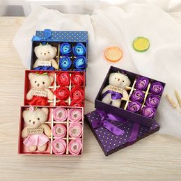 6 Soap Flowers Creative Simulation Rose Soap Fower Gift Box Bear Christmas Valentines Day Gift w-00640