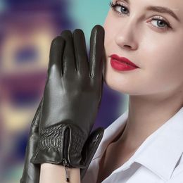 Five Fingers Gloves Leather Female Winter Short Style Sheepskin Touchscreen Thermal Driving Genuine Women's TU57111