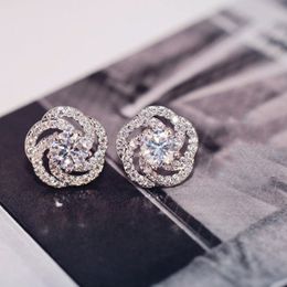 Fashion Women Stud Earring New Trendy Silver Colour Rose Flower Shiny Zircon Crystal Earrings Ladies Wedding Jewellery Gift