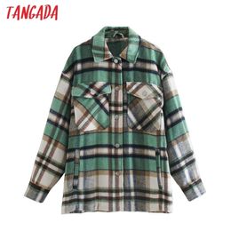 Tangada Women Green Plaid Pattern Thick Coats Jacket Loose Long sleeves pocket Ladies Elegant Autumn Winter coat 3H107 201112