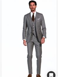 Custom Made Groomsmen Notch Lapel Groom Tuxedos Grey with Stripe Men Suits Wedding/Prom/Dinner Best Man Blazer ( Jacket+Pants+Tie+Vest )K741