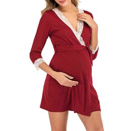 New Spring Summer New Fashion Lace V-Neck Half Sleeve Maternity Clothes Dress Pregnant Pyjamas Nursing Nightwear Robe Nightgown G220309