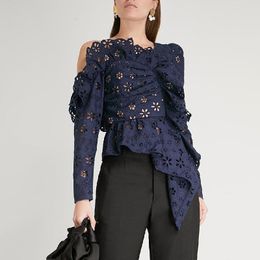 TWOTWINSTYLE Lace Shirts Blouse Female Long Sleeve Off Shoulder Hollow Out Asymmetrical Tops Female Autumn Sexy Fashion 201201