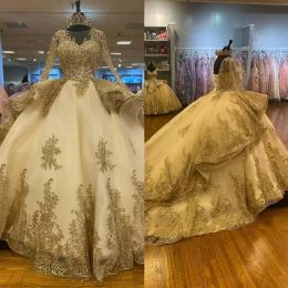 Long Sleeves Ballgown Wedding Dresses Bridal Gown With Gold Lace Applique Scoop Neck Corset Back Dubai Tiered Crystals Custom Plus Size Vestido De Novia