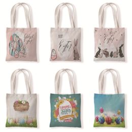 Happy Easter Canvas Bag Reusable Grocery Canvas Tote Bag for Women Easter Rabbit Egg Printed Shopping Bags