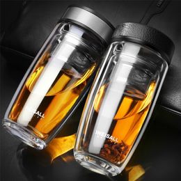 ONEISALL 350ML Double Water Bottle Car Mounted Scald Proof Glass Bottle Stainless Steel Philtre Tea Tumbler male 201221