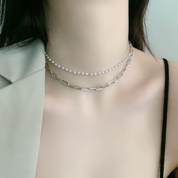 Women Vintage Double-layer Pearl Chain Necklace French Stacking Multi-layer Fashionable Clavicle Chain Necklace Gold Silver Jewellery