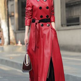 Nerazzurri Maxi skirted leather trench coat for women Luxury womens fall fashion plus size faux leather coats 4xl 5xl 6xl 210201