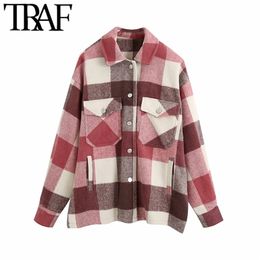 TRAF Women Vintage Stylish Oversized Plaid Jacket Coat Fashion Lapel Collar Long Sleeve Pockets Loose Outerwear Chic Tops LJ201021