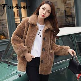 Faux Lambswool Furry Women Coat Khaki White Yellow Red Color Single Breasted Pocket Female Jacket LJ200813