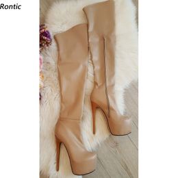 Rontic Hot Women Winter Over The Knee Boots Platform Faux Leather Stiletto Heels Round Toe Pretty Nude Party Shoes US Size 5-20