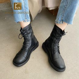 KATELVADI New Boots Winter No Fur Inside Solid High Quality Genuine Leather Comfortable Square Heel Shoes Women's Boots XYL-0141
