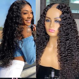 U Part Wig Human Hair Wigs Jerry Deep Wavy Natural Black Remy Glueless Combs In Machine Middle Or Side UPart Half Wig 250density