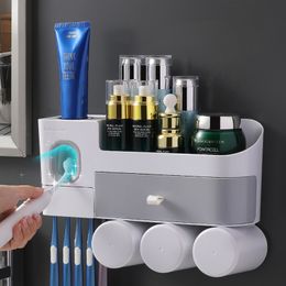 ONEUP Wall Mount Toothbrush Holder For Bathroom Accessories Set Automatic Toothpaste Squeezer Dispenser Storage Rack With Drawer LJ201204