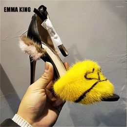 Sandals Fashion Yellow Mink Hair Gladiator Women Open Toe Ankle Strap Real Fur Summer Party High Heels Shoes Woman 20211