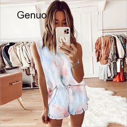 Tie-Dye Print Two Piece Set Women Vest Crop Top Shorts Suits Tracksuit Casual 2Pcs Outfits Female Summer Clothes Lounge Wear 3XL T200603