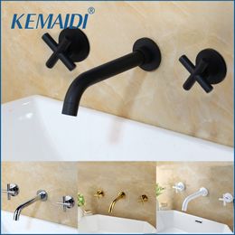 KEMAIDI Taps Fashion Wall Sink Basin Mixer Tap Set Bathroom Spout Faucet With Double Lever In Matt Black/Polished Gold T200710