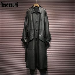 Nerazzurri Long soft ruffle faux leather trench coat for women raglan sleeve sashes Plus size clothing for women 4xl 5xl 6xl 7xl 201030